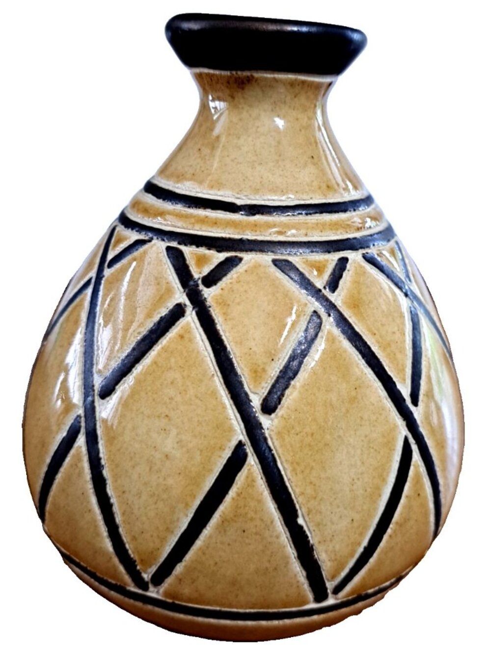 Lovely Vietnamese Hand Crafted Mustard and Brown Signed Bud Vase 4.5" Tall